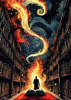 Bibliothèque, livre, feu et silhouette