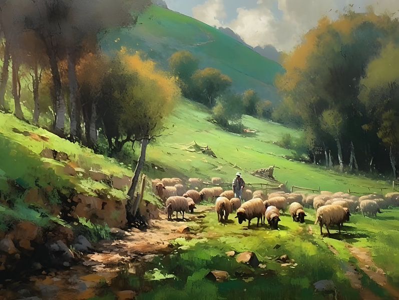 Shepherd with flock of sheep by FJB