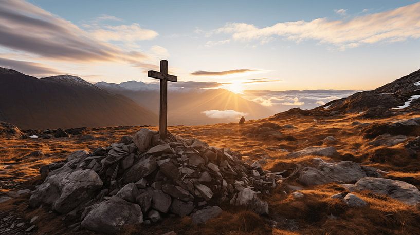 Cross on the summit of the mountain Alps with sunset by Animaflora PicsStock