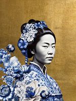 Japanese woman in Delftware on gold background, modern variation on a Geisha portrait