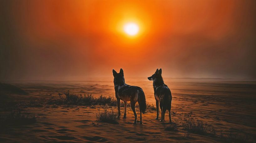 Desert Scene with Coyotes and Setting Sun by Transmutation Art