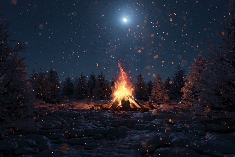 Campfire on a starry winter's night under the moonlight by Besa Art