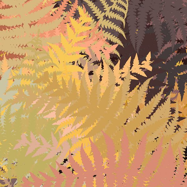 Moderne abstracte botanische kunst in warme retro kleuren. Varenbladeren. van Dina Dankers