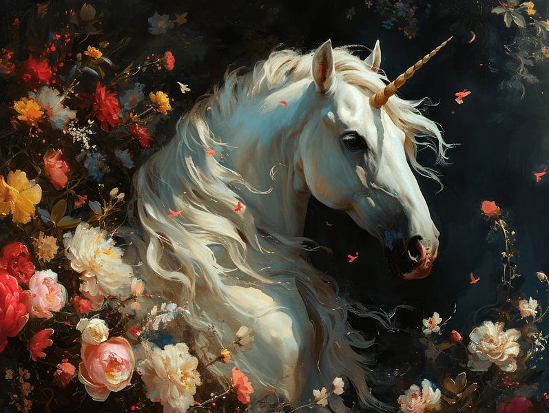 Verzaubertes Einhorn in Blumen | Pferd von Eva Lee