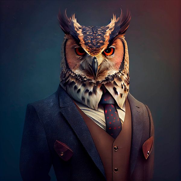 Stattliches Porträt einer Eule in einem schicken Anzug von Maarten Knops
