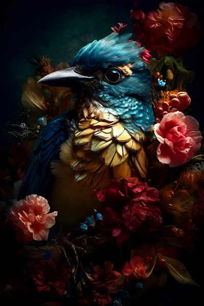 Vogel zwischen bunten Blumen von But First Framing