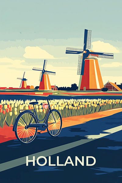 Vintage travel poster Holland with windmills, tulips and bicycle by True Nature Art