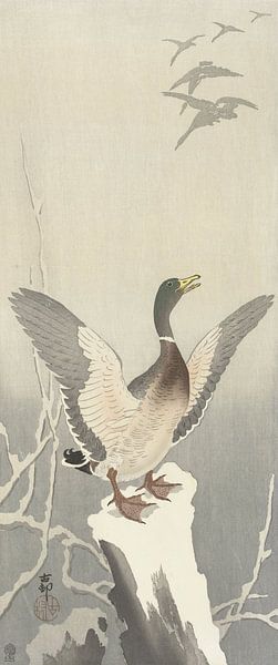 Ente auf dem verschneiten Baumstamm von Ohara Koson von Gave Meesters