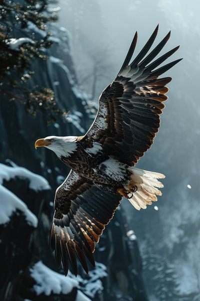 Weißkopfseeadler fliegt zwischen schneebedeckten Bergen von Digitale Schilderijen