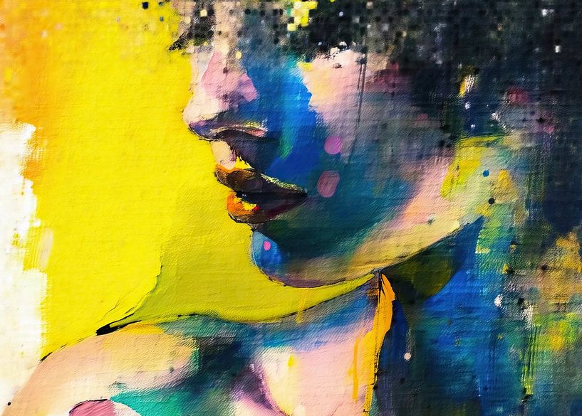 Femme Jaune | Portrait féminin abstrait avec Bleu par Art Merveilleux