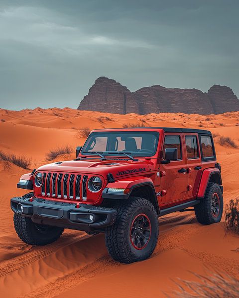 Red Jeep Wrangler at Sunset in the Dunes by robby akrim