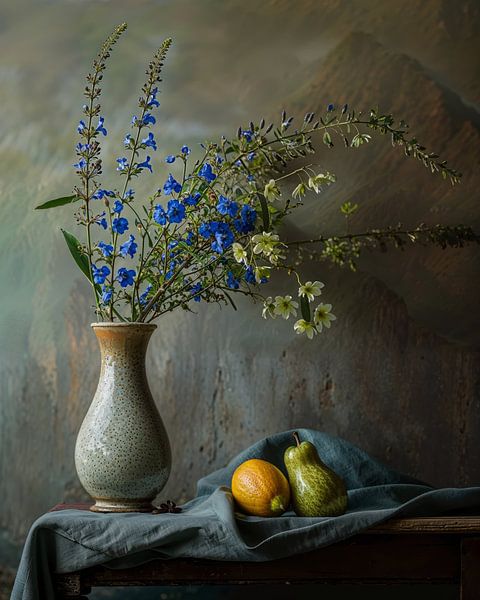Still life with flowers and fruit by Japandi Art Studio