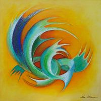 Dynamische Skulptur in Blau, Grün und Gelb