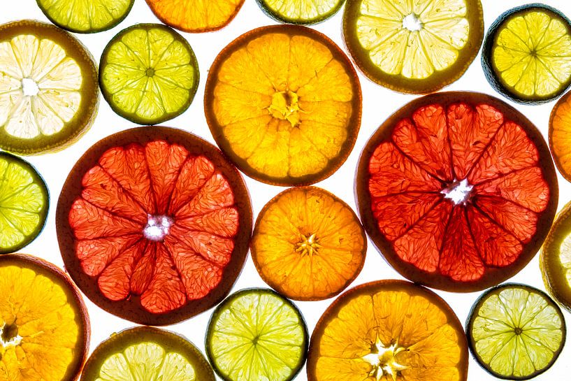 Collage de tranches de fruits sur fond blanc. par Carola Schellekens