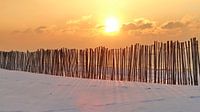 Sonnenuntergang am Strand im Winter mit Schnee