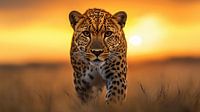 Majestueus luipaard loopt naar camera tijdens zonsondergang in savanne