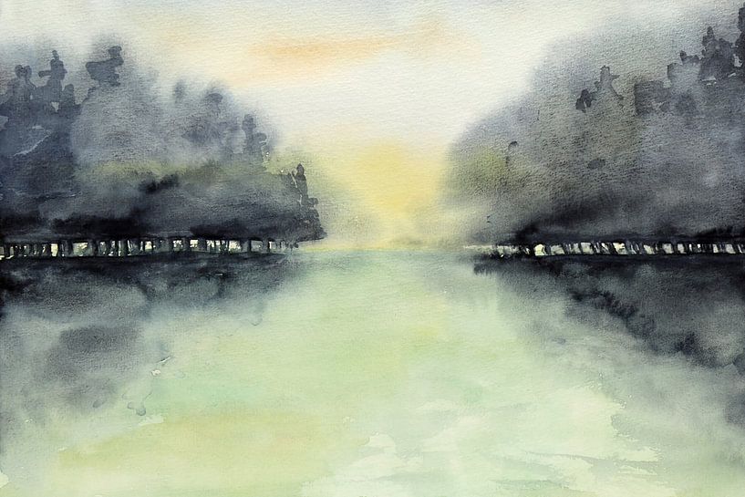 Bäume im Nebel (abstrakte Aquarellmalerei Landschaft Wald Sonnenaufgang grün Natur Morgen ) von Natalie Bruns