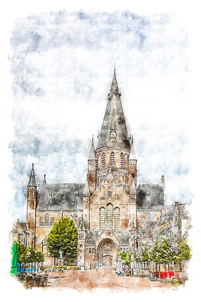 Aquarell der Heiligen Gummarus-Kirche in Steenbergen (Brabant, Niederlande) von Art by Jeronimo