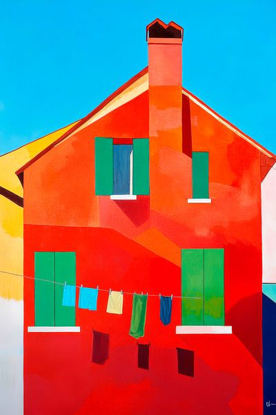 Farbige Hausansicht mit Wäscheleine von Poster Art Shop