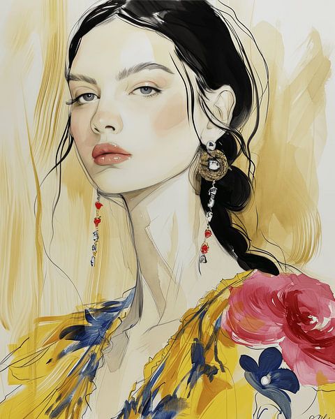 Portrait moderne. Illustration en jaune, bleu et rose par Carla Van Iersel