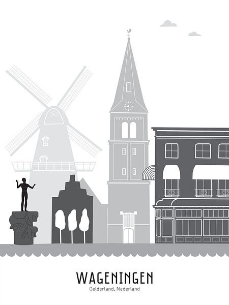 Skyline illustration Wageningen in black-and-white-grey by Mevrouw Emmer