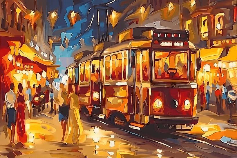 Vibrant City Tram in Colourful Night by Art & Soul Creations