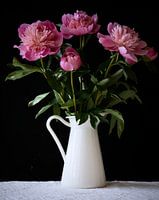 Nature morte de pivoines roses dans une cruche blanche