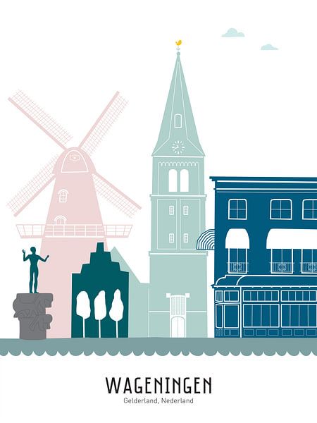 Skyline illustration Wageningen in colour by Mevrouw Emmer