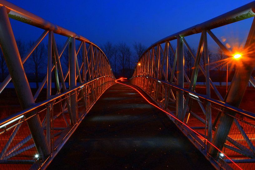 Fietser op de fietsbrug in Houten Zuid-West richting het Amsterdam Rijnkanaal. von Margreet van Beusichem
