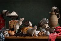 zes schattige ratten in een stilleven met thema bakken van een cake