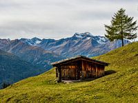 Wooden hut in the Hohe Tauern mountain range with the Lasörling
