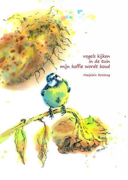 Vogelbeobachtung im Garten Haiku Holländisch von Karen Kaspar